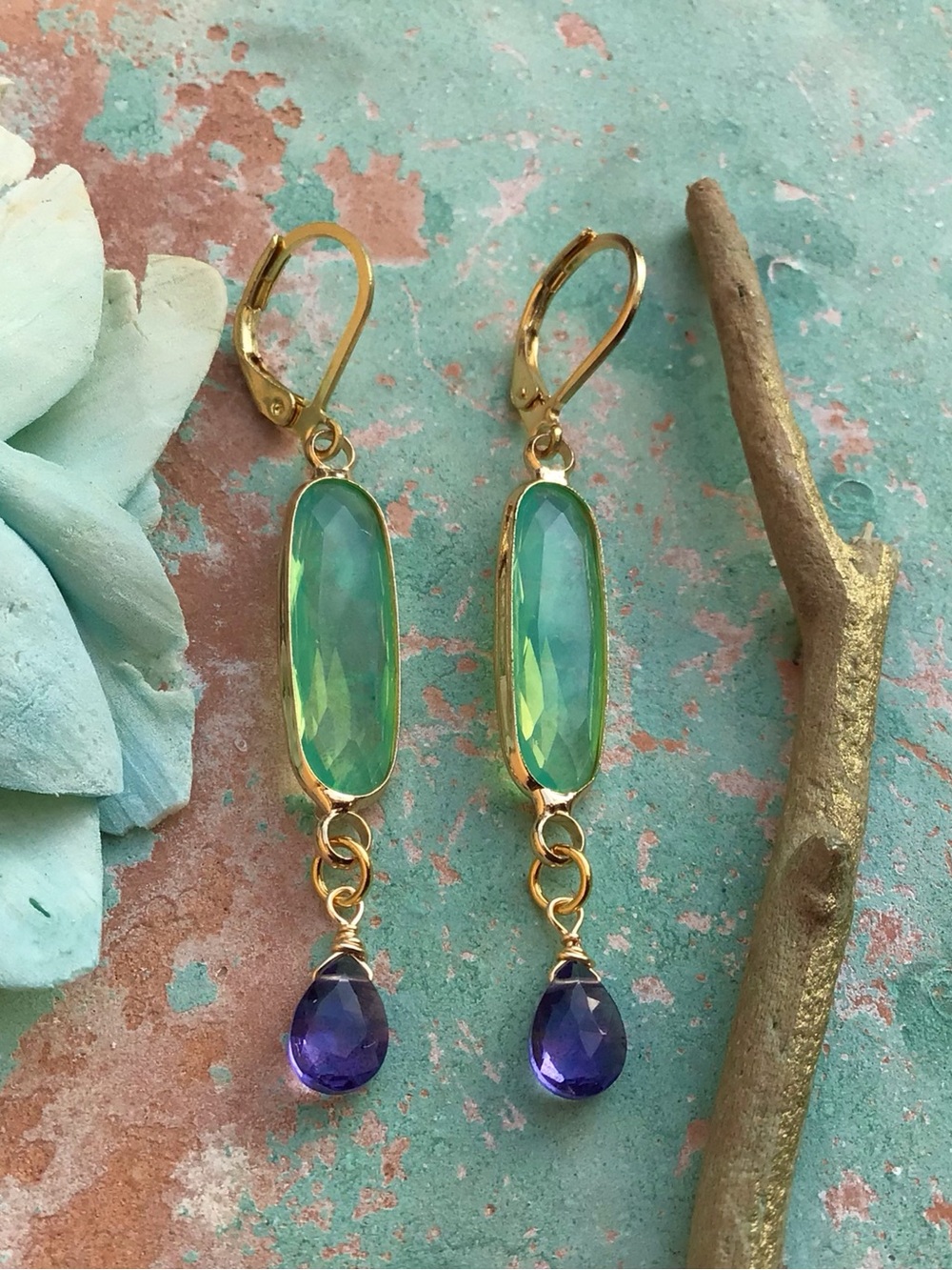 Blue mint chalcedony bezel tanzanite quartz gold plated Earrings - Picture 3 of 13